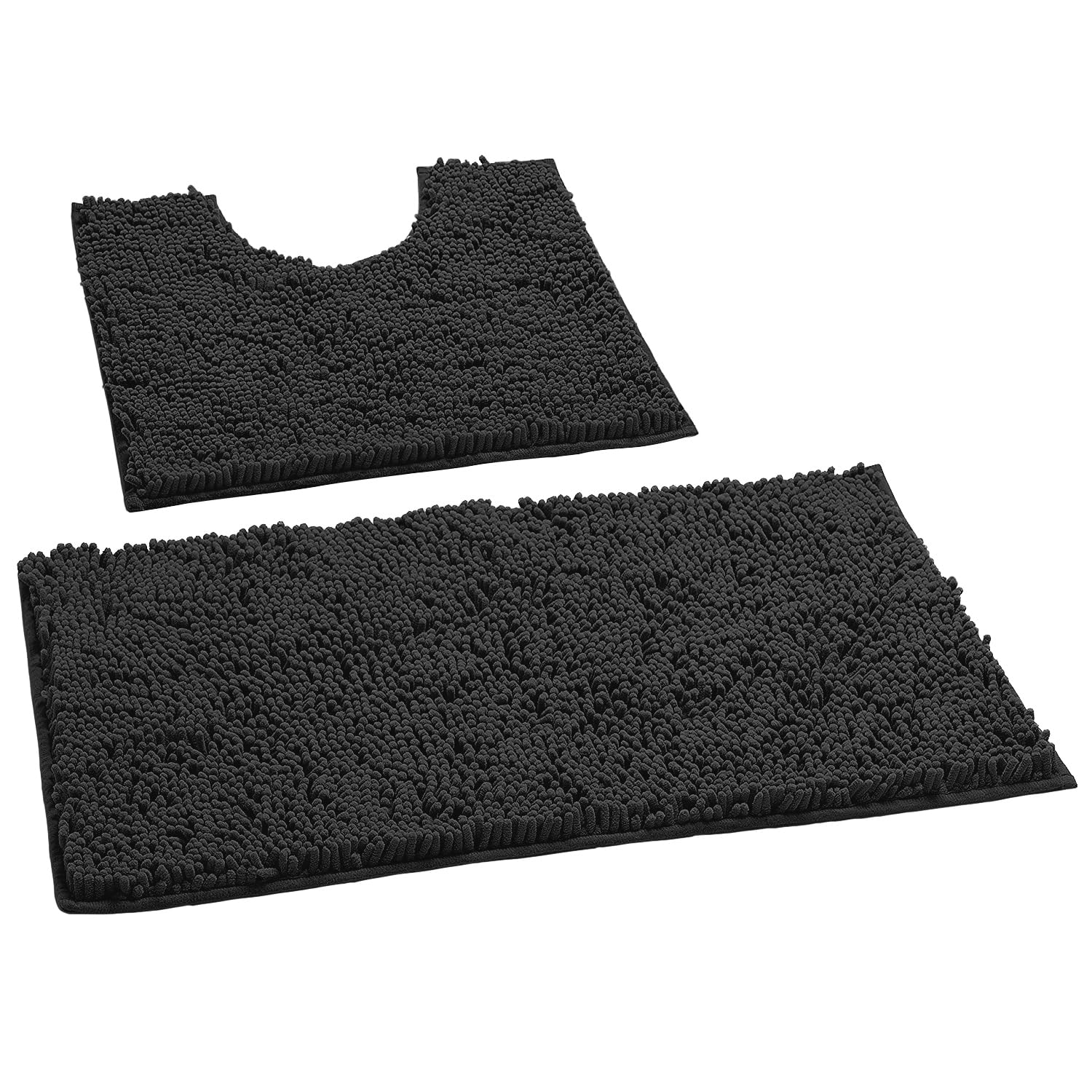 Black Bathroom Rugs Sets 2 Piece, Luxury Chenille Bath Mat Set, Soft Plush Anti-Slip Bath Rug + U-Shaped Toilet Mat. Microfiber